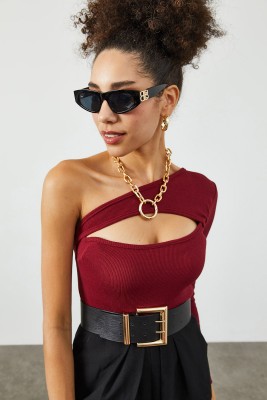 Bordo Göğüs Dekolteli Kaşkorse Bluz 2KXK2-45626-05 - 4