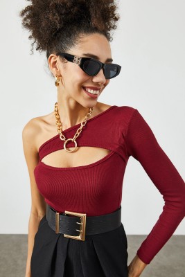 Bordo Göğüs Dekolteli Kaşkorse Bluz 2KXK2-45626-05 - 5