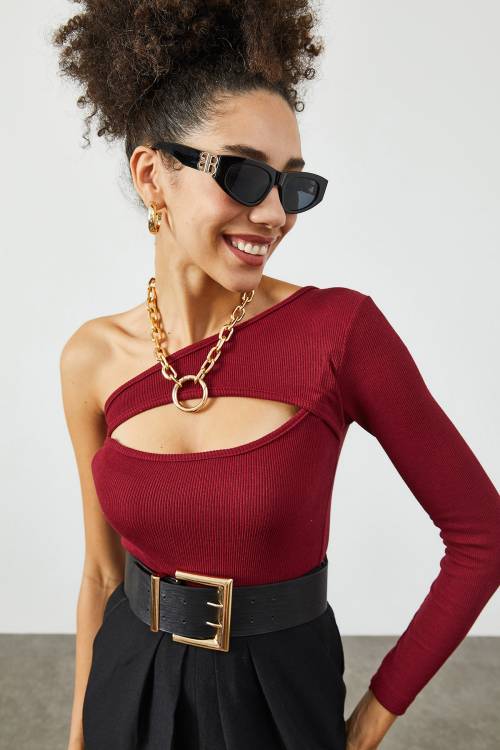 Bordo Göğüs Dekolteli Kaşkorse Bluz 2KXK2-45626-05 - 5