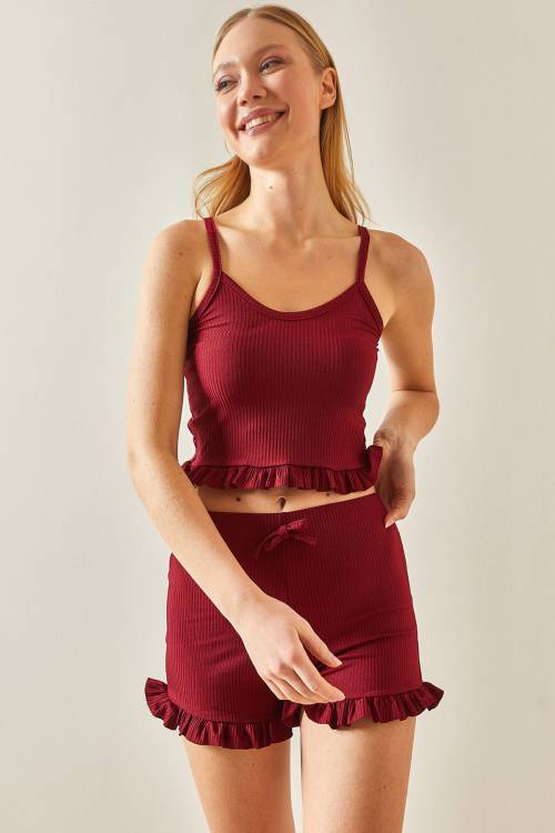 Bordo İp Askılı Fırfırlı Pijama Takımı 0YXK8-43755-05 - 3