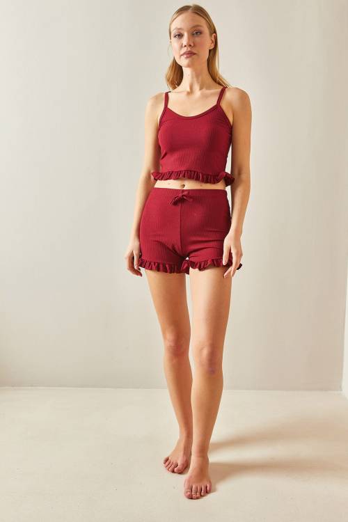 Bordo İp Askılı Fırfırlı Pijama Takımı 0YXK8-43755-05 - 4