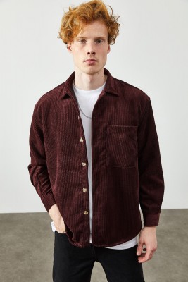 Bordo Kadife Düğmeli Gömlek 2KXE2-45342-05 