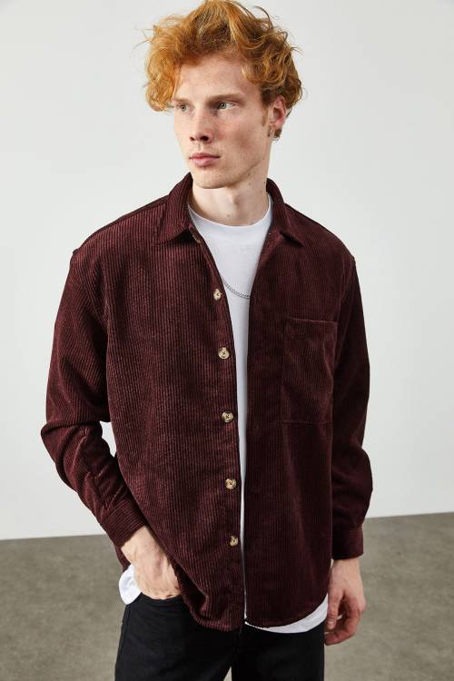 Bordo Kadife Düğmeli Gömlek 2KXE2-45342-05 - 2