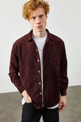 Bordo Kadife Düğmeli Gömlek 2KXE2-45342-05 - 4