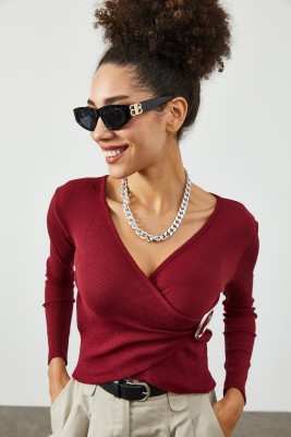 Bordo Kruvaze Yaka Aksesuar Detaylı Kaşkorse Bluz 2KXK2-45627-05 - 3