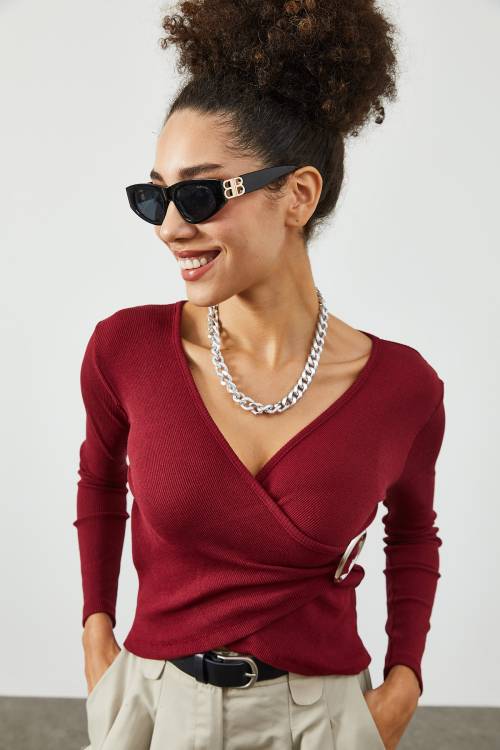 Bordo Kruvaze Yaka Aksesuar Detaylı Kaşkorse Bluz 2KXK2-45627-05 - 3