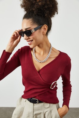 Bordo Kruvaze Yaka Aksesuar Detaylı Kaşkorse Bluz 2KXK2-45627-05 - 4