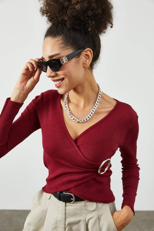 Bordo Kruvaze Yaka Aksesuar Detaylı Kaşkorse Bluz 2KXK2-45627-05 - 4