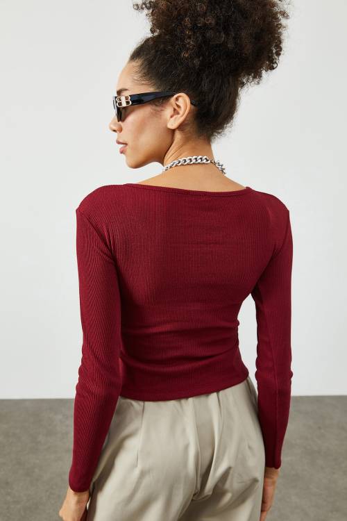 Bordo Kruvaze Yaka Aksesuar Detaylı Kaşkorse Bluz 2KXK2-45627-05 - 5