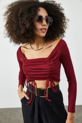 Bordo Önü Büzgülü Kaşkorse Bluz 2KXK2-45826-05 