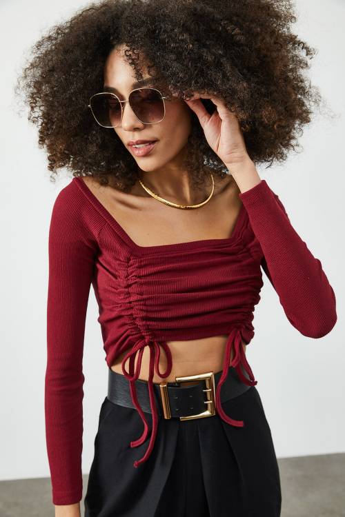 Bordo Önü Büzgülü Kaşkorse Bluz 2KXK2-45826-05 - 2