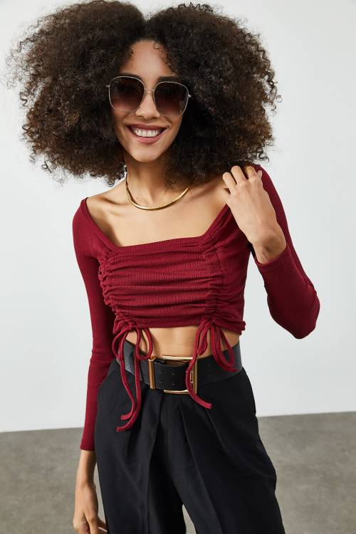 Bordo Önü Büzgülü Kaşkorse Bluz 2KXK2-45826-05 - 3