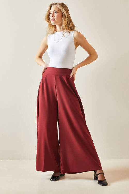 Bordo Pens Dikişli Bol Paça Pantolon 5YXK5-48245-05 - 5