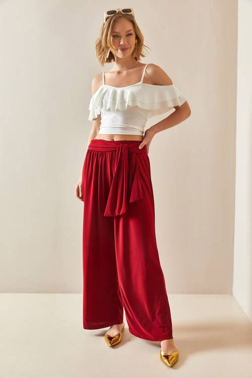 Bordo Salaş Kesim Bol Paça Pantolon 3YXK5-47094-05 - 5