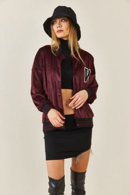 Bordo Şeritli Kadife Bomber Ceket 3KXK4-46853-05 - 2