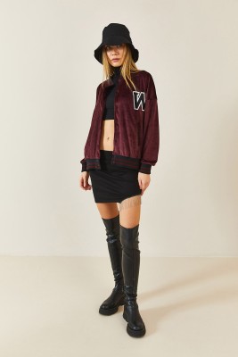 Bordo Şeritli Kadife Bomber Ceket 3KXK4-46853-05 - 3