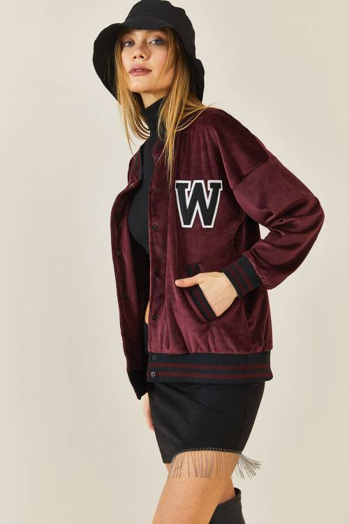 Bordo Şeritli Kadife Bomber Ceket 3KXK4-46853-05 - 5