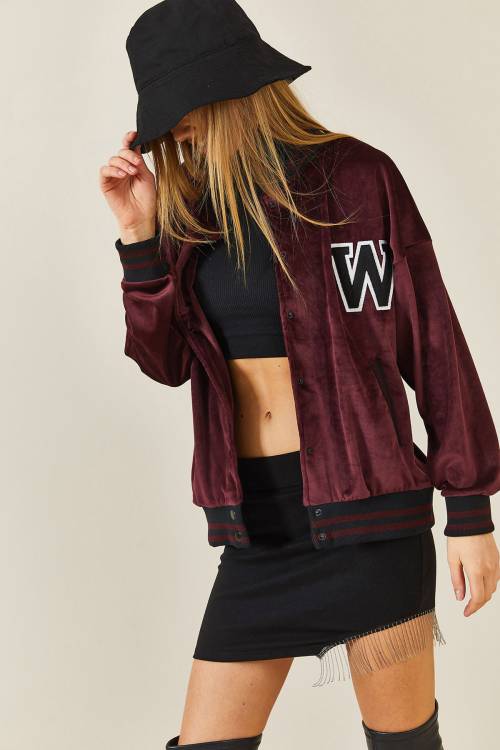 Bordo Şeritli Kadife Bomber Ceket 3KXK4-46853-05 - 6