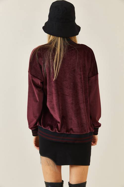 Bordo Şeritli Kadife Bomber Ceket 3KXK4-46853-05 - 7