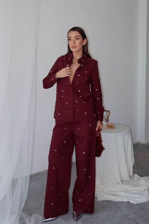 Bordo Taş İşlemeli Bol Paça Pantolon 6YXK5-49105-05 - 2