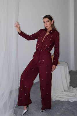 Bordo Taş İşlemeli Bol Paça Pantolon 6YXK5-49105-05 - 3