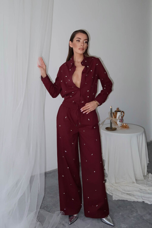 Bordo Taş İşlemeli Bol Paça Pantolon 6YXK5-49105-05 - 4