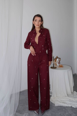 Bordo Taş İşlemeli Bol Paça Pantolon 6YXK5-49105-05 - 5