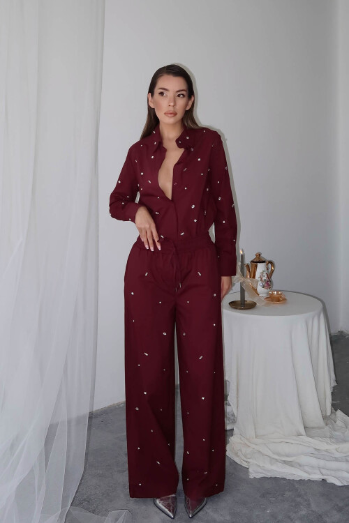Bordo Taş İşlemeli Bol Paça Pantolon 6YXK5-49105-05 - 5