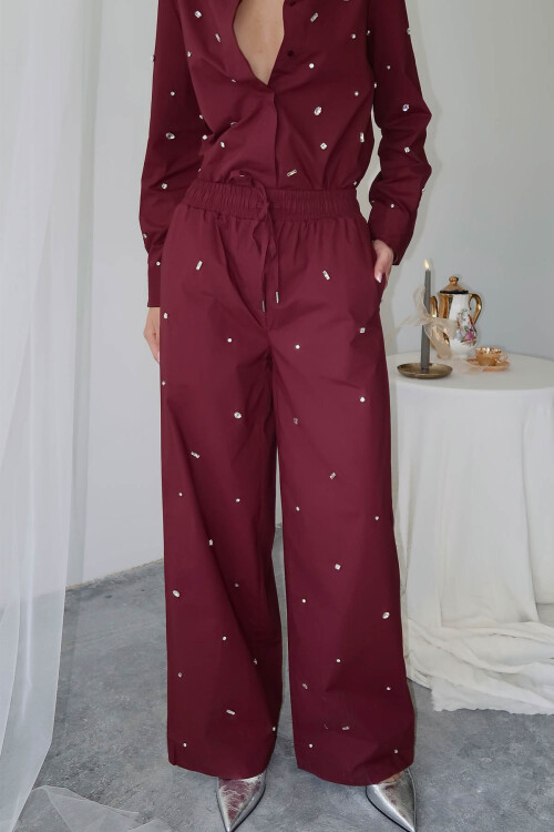 Bordo Taş İşlemeli Bol Paça Pantolon 6YXK5-49105-05 - 6