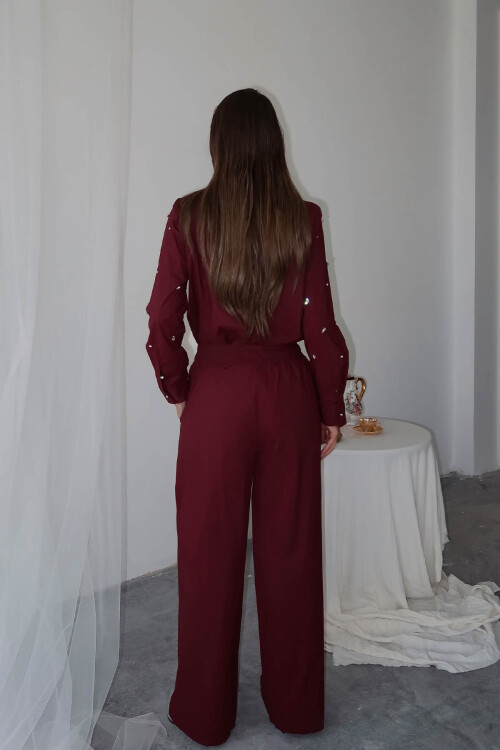 Bordo Taş İşlemeli Bol Paça Pantolon 6YXK5-49105-05 - 7