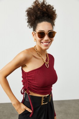 Bordo Tek Omuz Yanı Büzgülü Kaşkorse Bluz 2KXK2-45449-05 