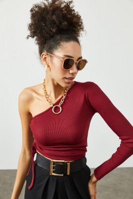 Bordo Tek Omuz Yanı Büzgülü Kaşkorse Bluz 2KXK2-45449-05 - 2