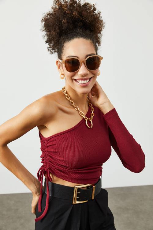 Bordo Tek Omuz Yanı Büzgülü Kaşkorse Bluz 2KXK2-45449-05 - 5
