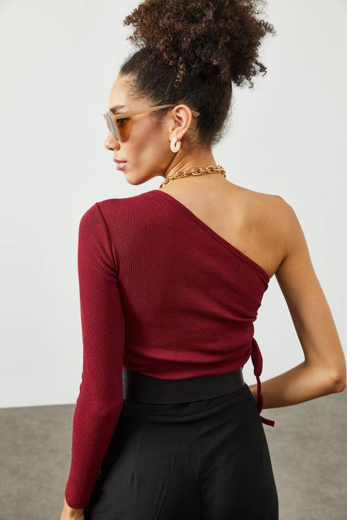 Bordo Tek Omuz Yanı Büzgülü Kaşkorse Bluz 2KXK2-45449-05 - 6