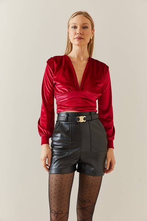 Bordo V Yaka Drapeli Kadife Crop Bluz 4KXK2-47806-05 - 4