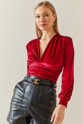 Bordo V Yaka Drapeli Kadife Crop Bluz 4KXK2-47806-05 - 5