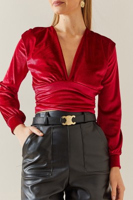 Bordo V Yaka Drapeli Kadife Crop Bluz 4KXK2-47806-05 