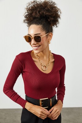 Bordo V Yaka Kaşkorse Bluz 2KXK2-45451-05 - 2