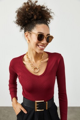 Bordo V Yaka Kaşkorse Bluz 2KXK2-45451-05 - 4