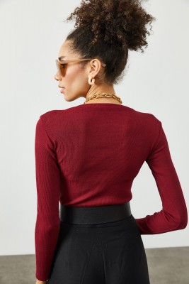 Bordo V Yaka Kaşkorse Bluz 2KXK2-45451-05 - 6