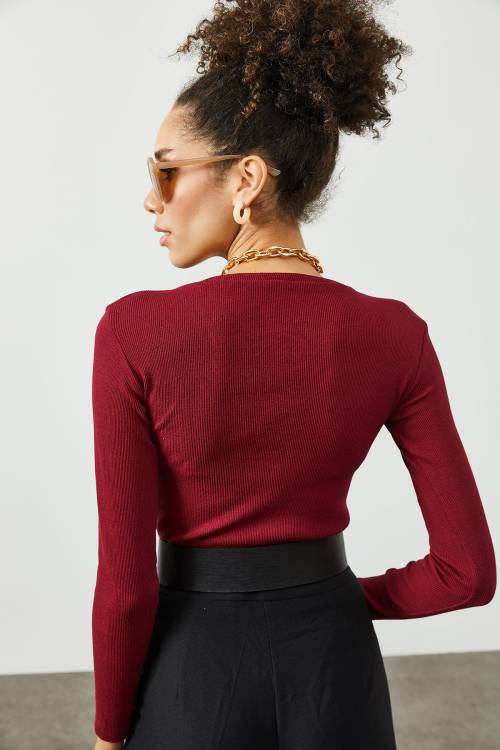 Bordo V Yaka Kaşkorse Bluz 2KXK2-45451-05 - 6