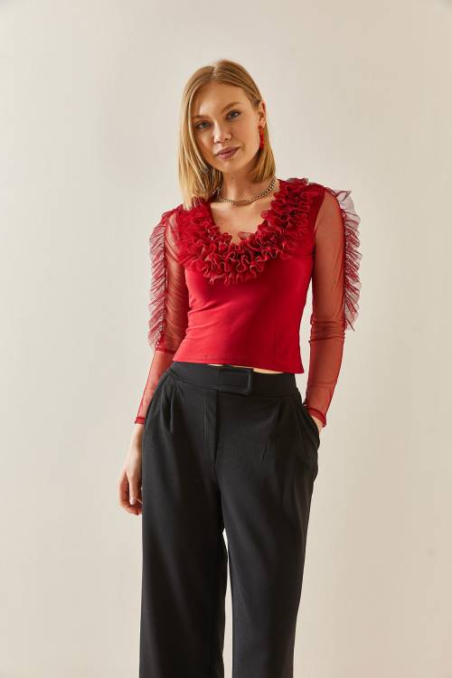 Bordo V Yaka Tütü Detaylı Bluz 3YXK2-47243-05 - 4