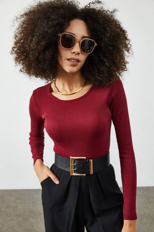 Bordo Yuvarlak Yaka Kaşkorse Bluz 2KXK2-45856-05 - 6