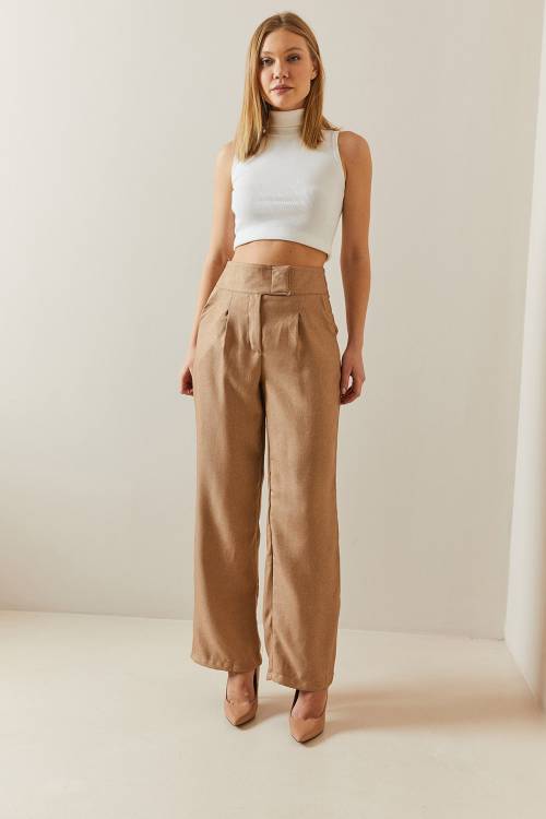 Camel Cırtcırtlı Yüksek Bel Palazzo Pantolon 4KXK5-47845-53 - 3
