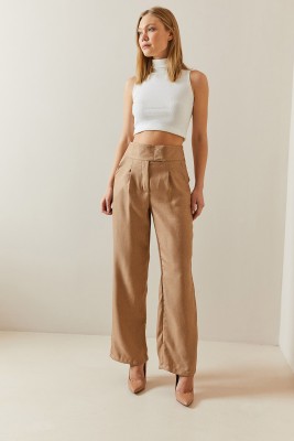 Camel Cırtcırtlı Yüksek Bel Palazzo Pantolon 4KXK5-47845-53 - 4