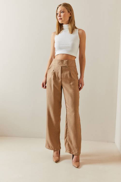 Camel Cırtcırtlı Yüksek Bel Palazzo Pantolon 4KXK5-47845-53 - 4