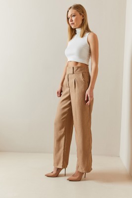 Camel Cırtcırtlı Yüksek Bel Palazzo Pantolon 4KXK5-47845-53 - 5