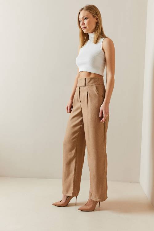 Camel Cırtcırtlı Yüksek Bel Palazzo Pantolon 4KXK5-47845-53 - 5