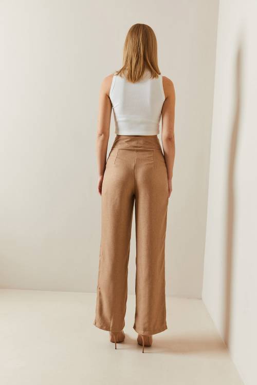 Camel Cırtcırtlı Yüksek Bel Palazzo Pantolon 4KXK5-47845-53 - 7