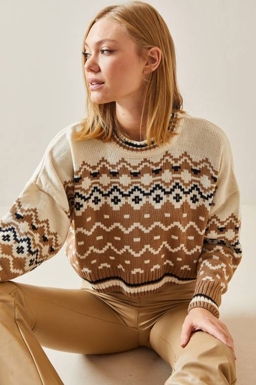 Camel Etnik Desenli Bisiklet Yaka Kazak 4KXK3-47648-53 - 2